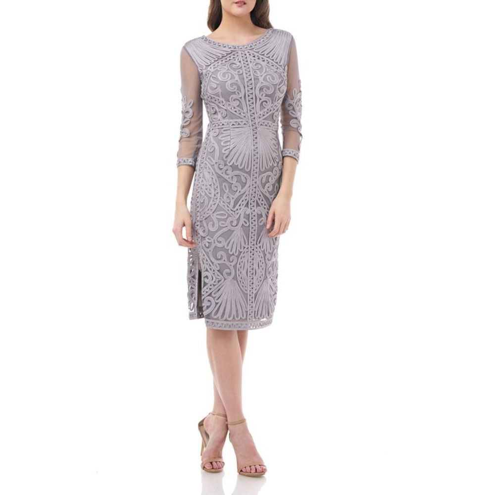 JS COLLECTION Womens Silver Jewel Neck Below The Knee Cocktail Sheath Dress 6